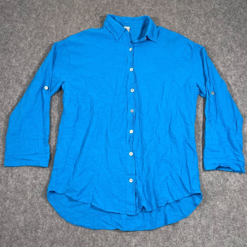 Blanco by Nature Blue Woven Cotton Long Sleeve Button Up Top Women's Size‎ Large